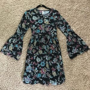 Floral Long Sleeve Bell Sleeve Skater Dress Size M